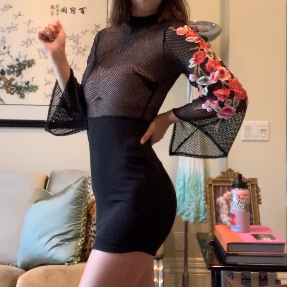 LF SEEK Mesh Black Top with Embroidery